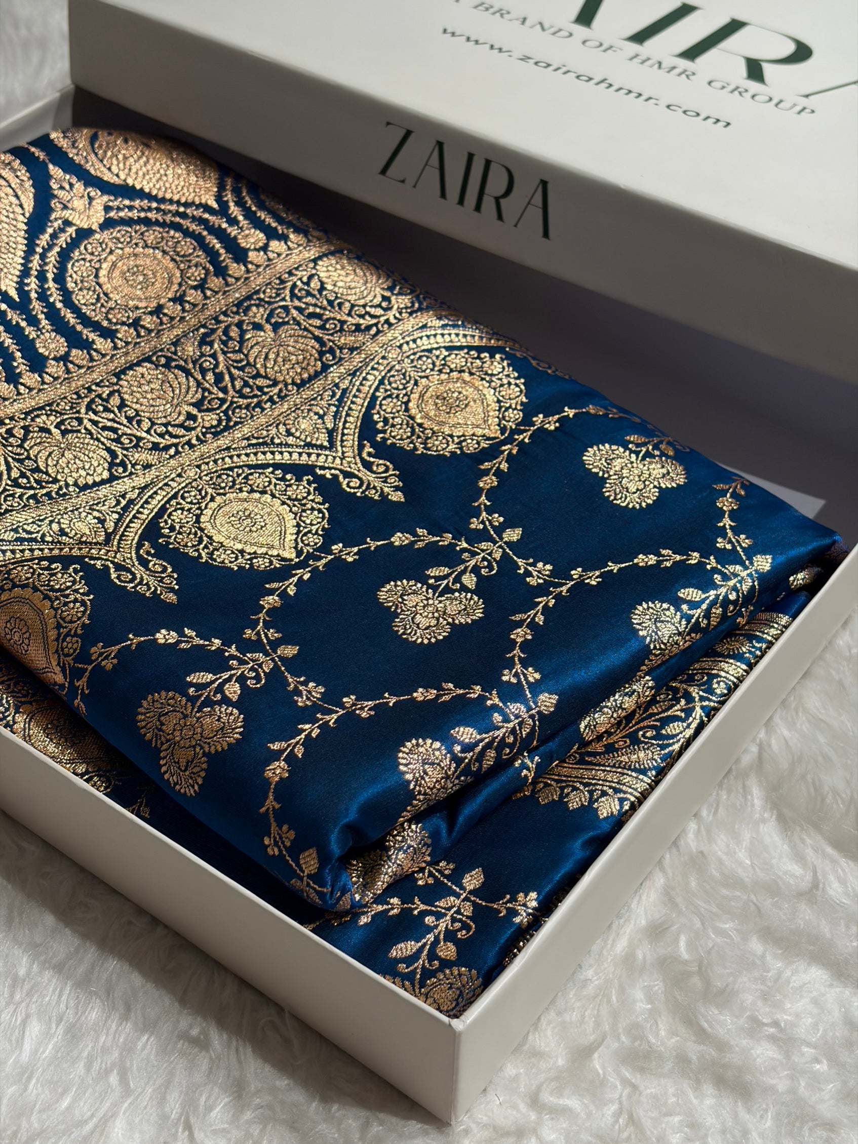 Banarasi Satin Silk Saree Jaal in German Blue Shades SS23