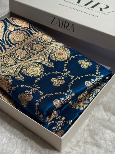 Banarasi Satin Silk Saree Jaal in German Blue Shades SS23