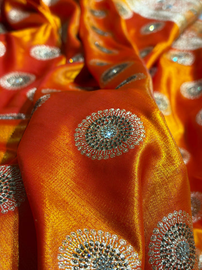 Fire Gold Shades Banarasi With Swarovski Stone Work Satin Silk Saree BSS33
