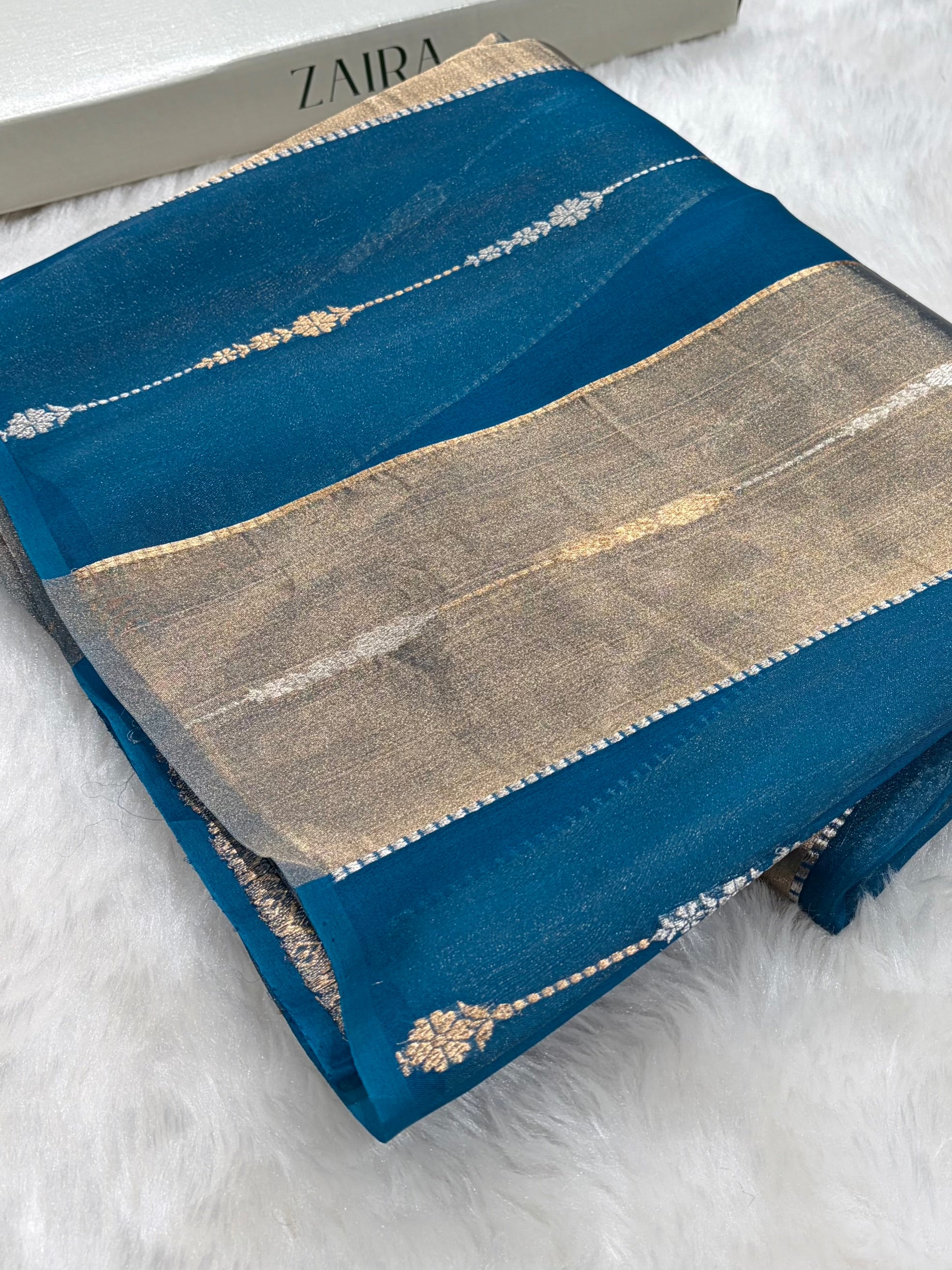 German Blue Tissue Organza Bananasi Floral Shades Pure Tissue Silk Saree PT-56