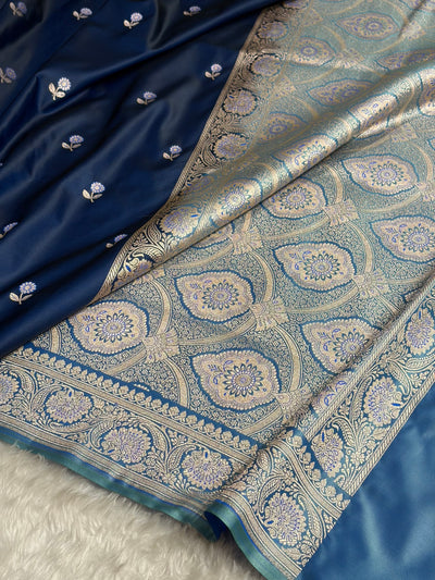 German Blue / Sky Blue Shades Banarasi Booti Pattern Mashru Silk Saree MSM-137