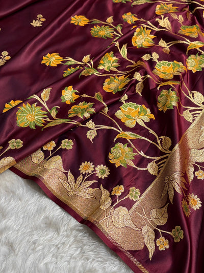 Banarasi Satin Katan Saree Minakari Booti Pattern in Garnet Shades SK139