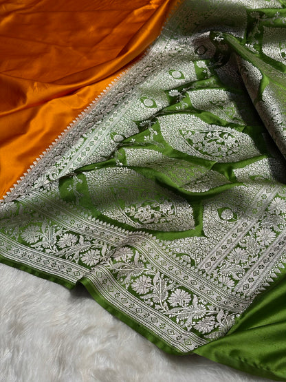 Contrast Orange with Green Border Plain Mashru Silk Saree MS22