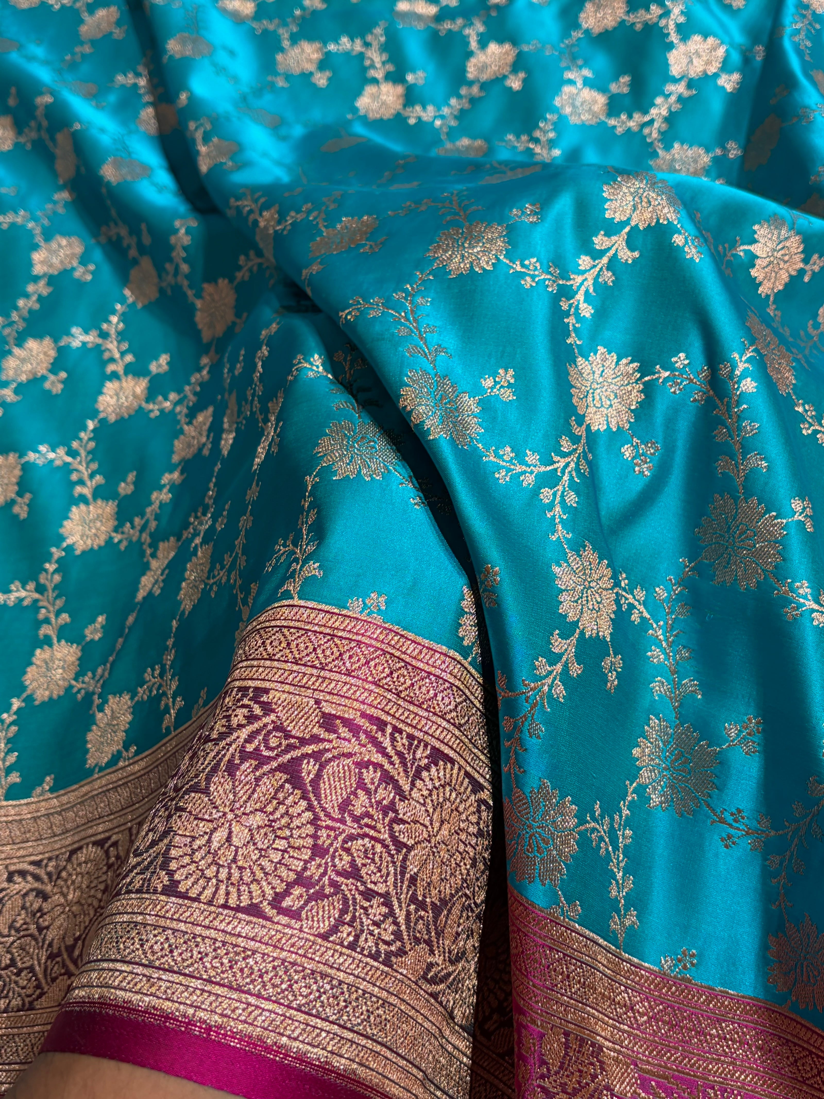 Banarasi Satin Katan Saree Contrast Firozi / Rani Shades SK132