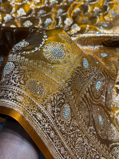 Satin Silk Saree Banarasi Swarovski Work Jaal in Mehendi Shades BSS23 (R)