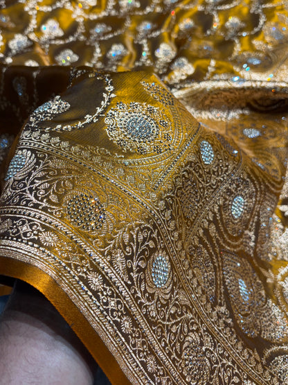 Satin Silk Saree Banarasi Swarovski Work Jaal in Mehendi Shades BSS23 (R)