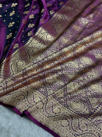 Wine Floral Unique Boota Pattern Satin Katan Silk Saree SK73