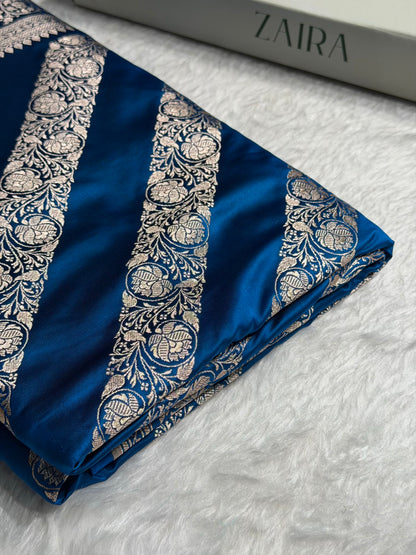 Dark Firozi Shades Banarasi Cross Pattern Floral Mashru Silk Saree MSM-102