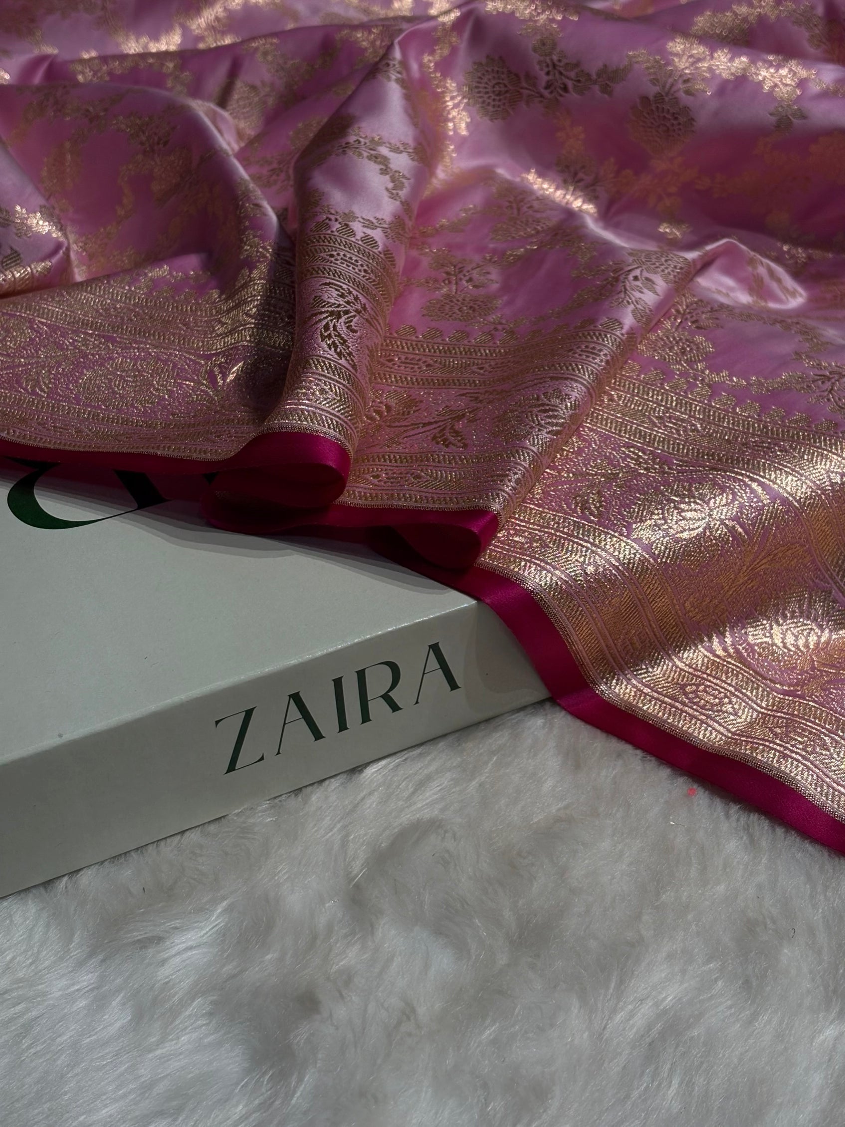 Baby Pink Jaal Pattern Satin Katan Silk Saree SK25