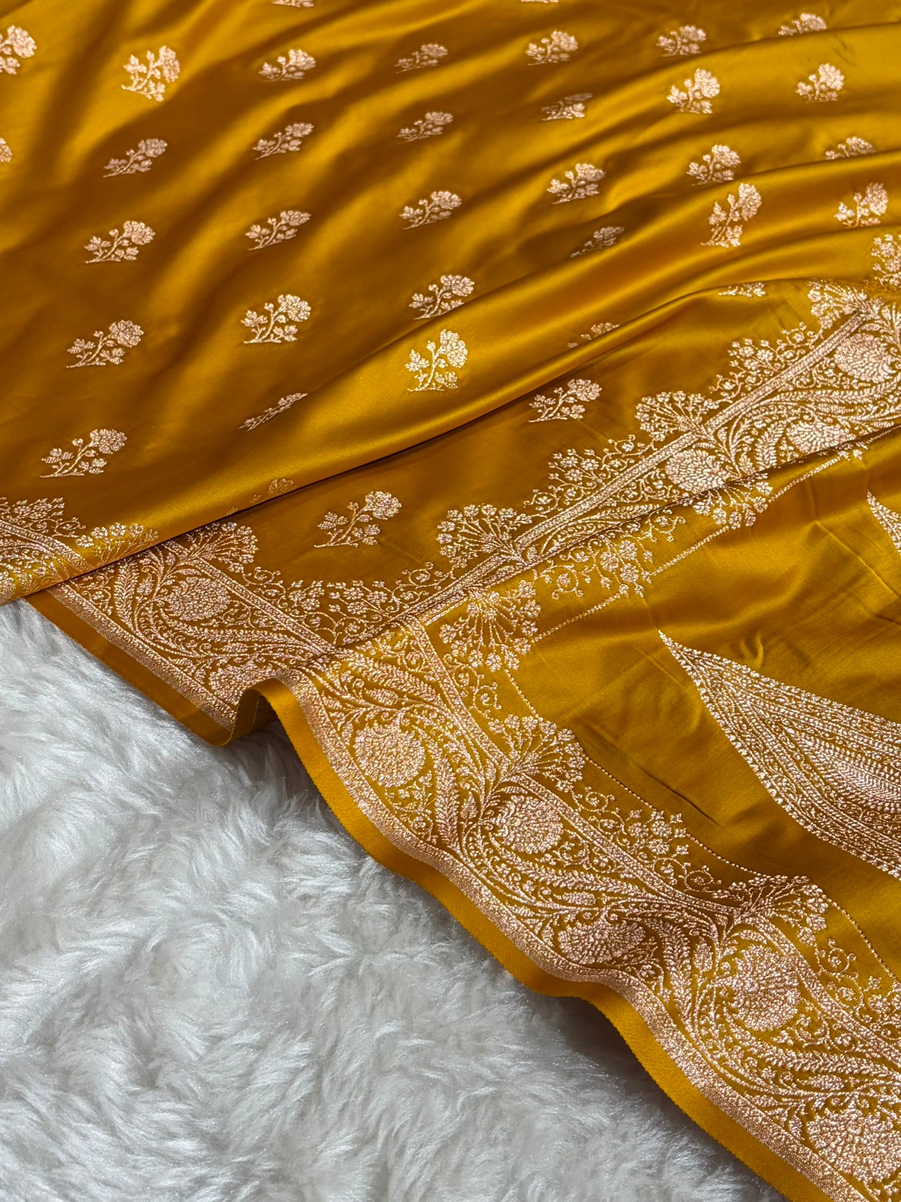 Banarasi Satin Katan Saree Booti PatterIn Mustard Shades SK135