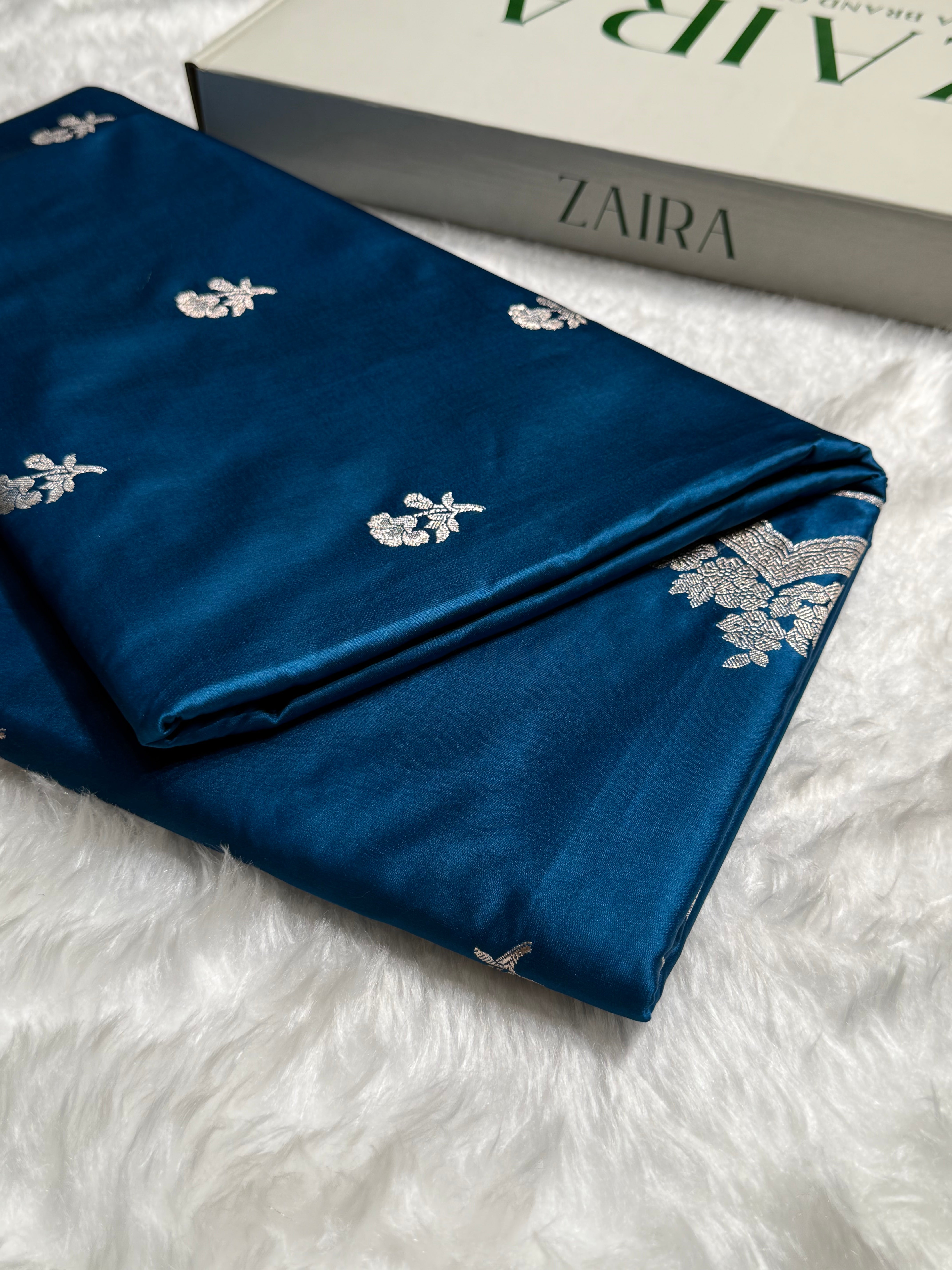 German Blue Shades Scallop Booti Mashru Silk Saree