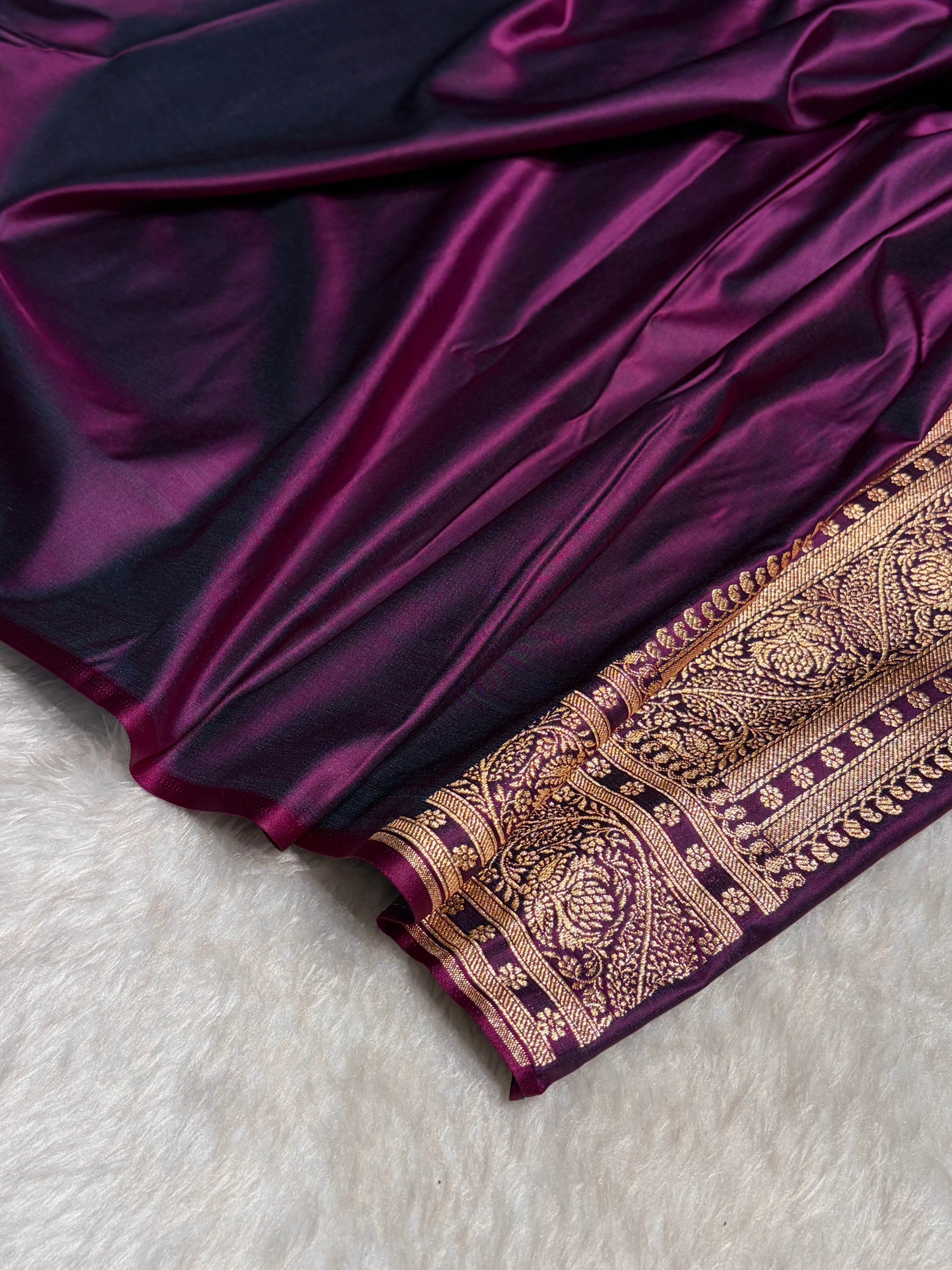 Wine Floral Pattern Satin Katan Silk Saree SK78