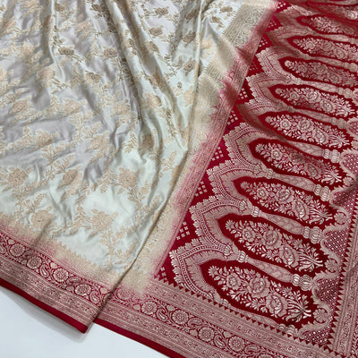 Contrast Red-White Combination Jaal Mashru Silk Saree MS28