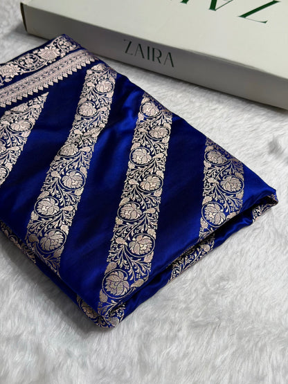 Royal Blue Shades Banarasi Cross Pattern Floral Mashru Silk Saree MSM-102