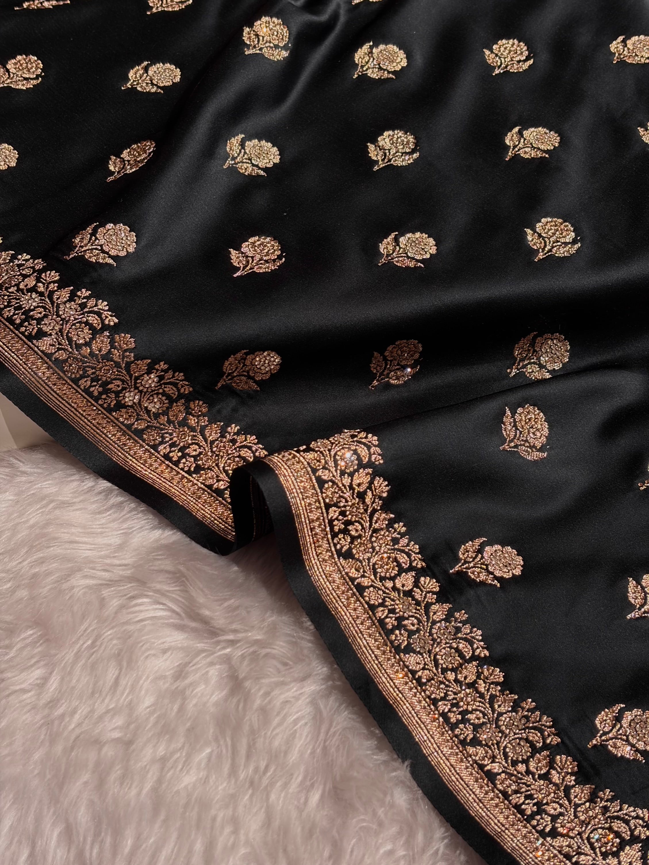 Banarasi Black Floral Booti With Swarovski Work Katan Silk Saree BSK23