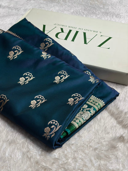 Banarasi Contrast Peacock With Rama Floral Border Mashru Silk Saree MSM-100