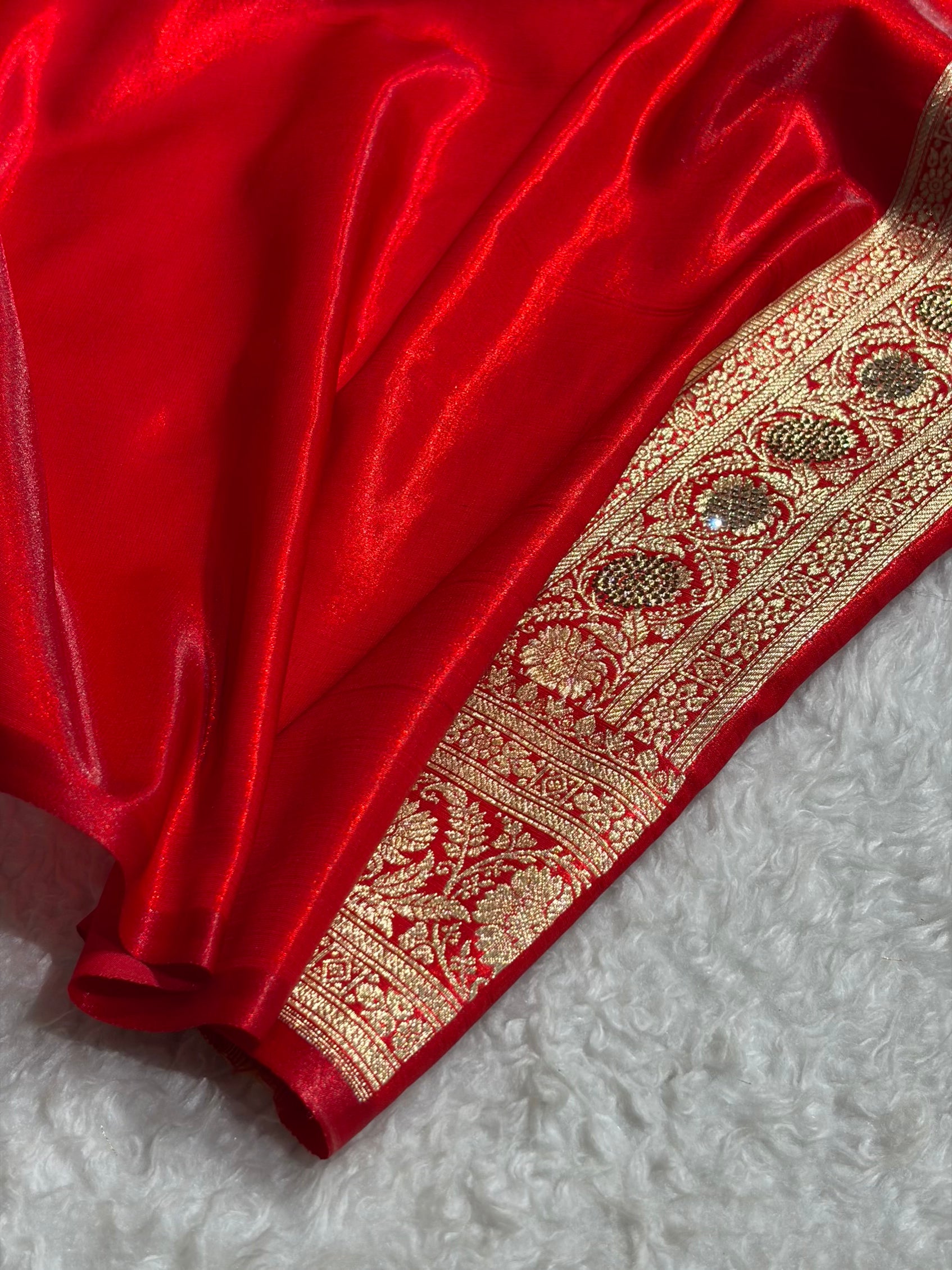 Banarasi Bridal Red Shades With Swarovski Stone and White Stone Work Satin Silk Saree BSS32
