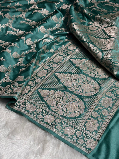 Turquoise Shades Jaal Mashru Silk Saree MS48