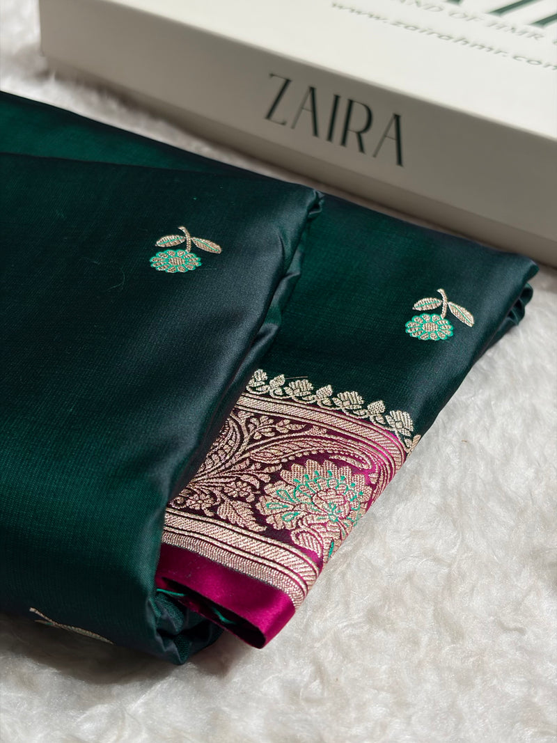 Dark Bottle Green / Rani Shades Banarasi Booti Pattern Mashru Silk Saree MSM-137