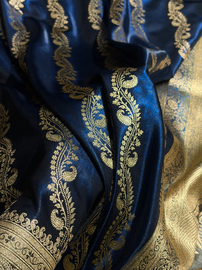 Royal Blue Contrast Shades Cross Pattern Banarasi Satin Silk Saree SS39