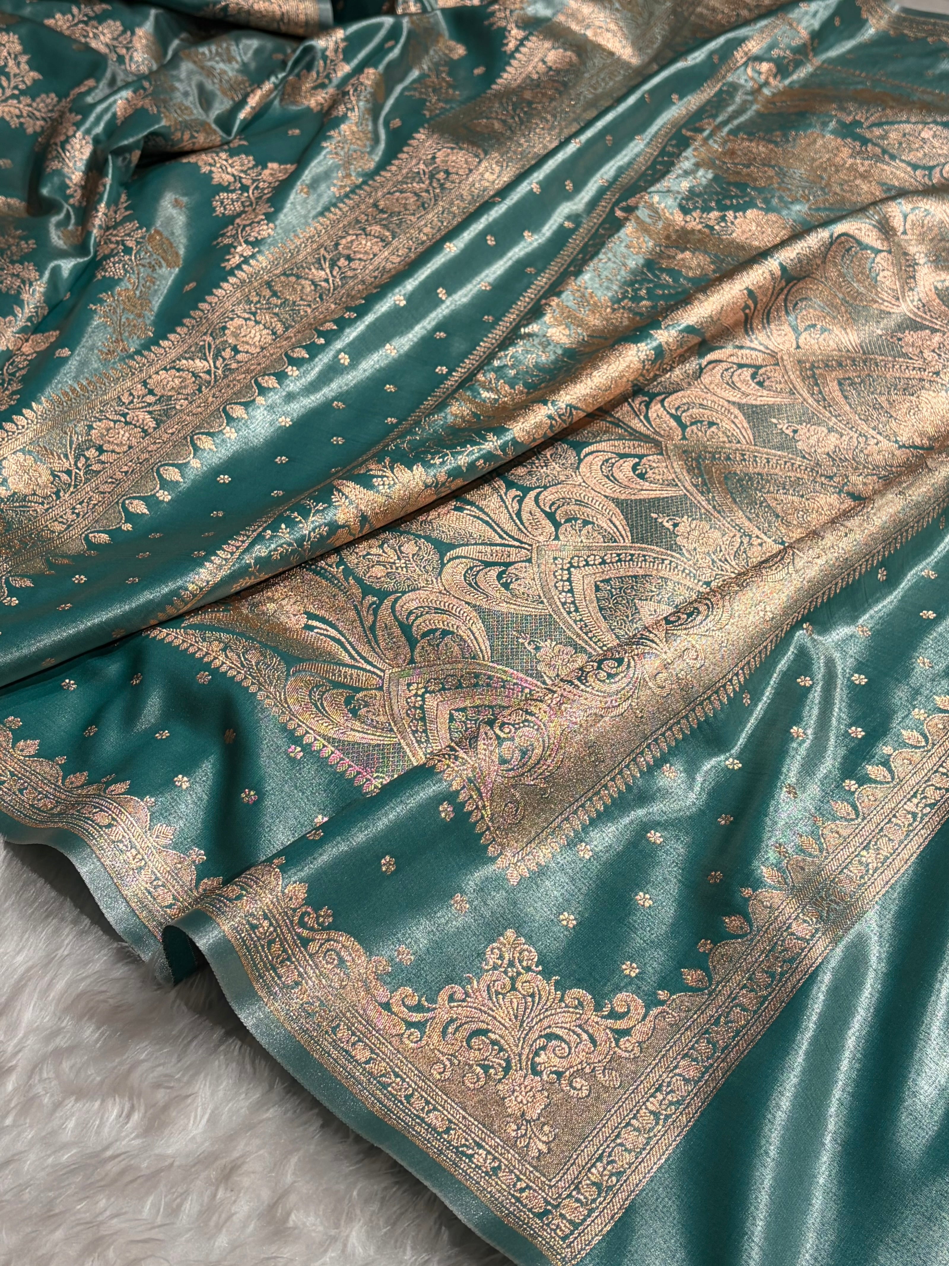 Satin Silk Saree Banarasi Cross with booti In Turquoise Shades SS22