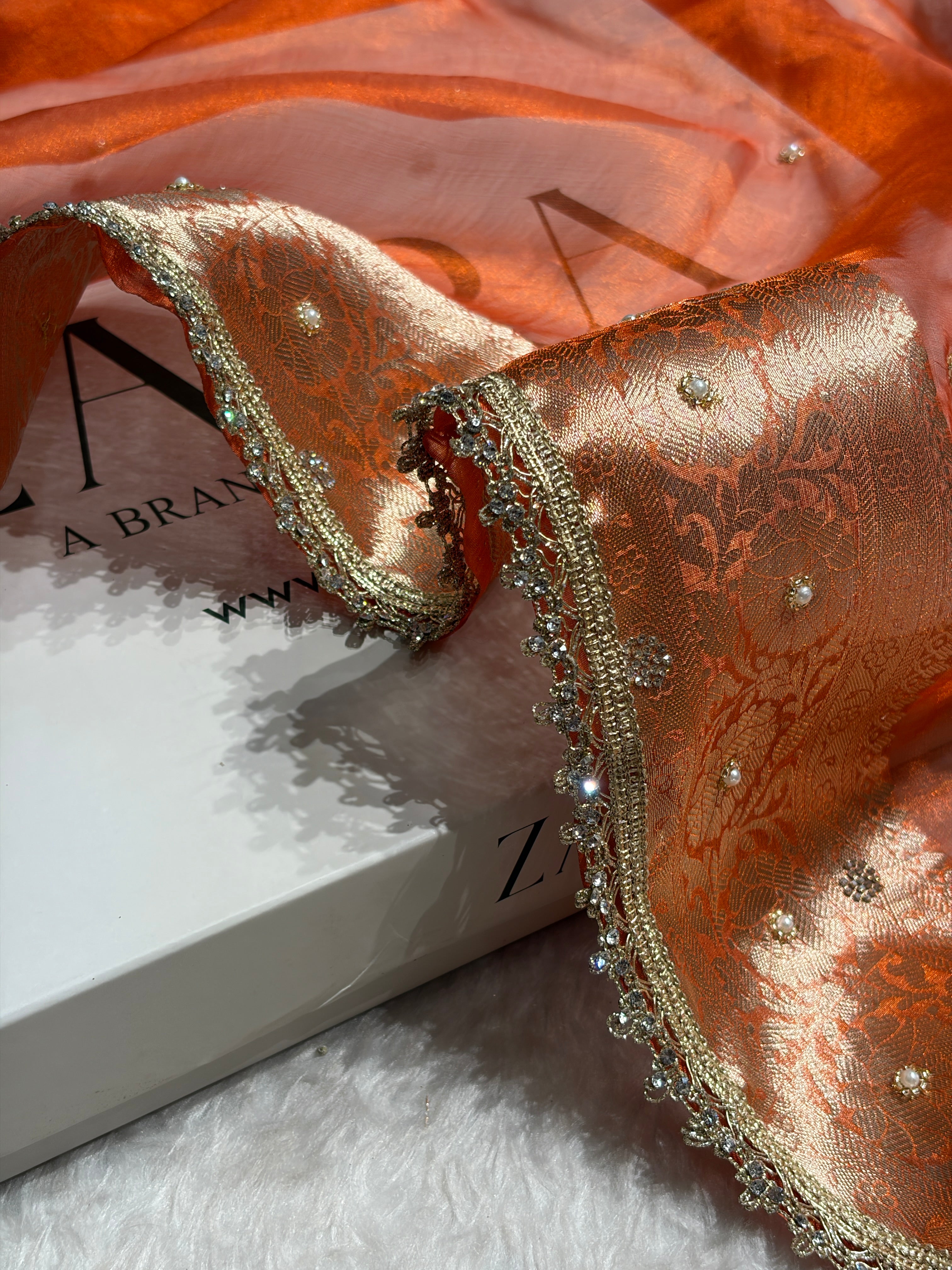 Orange Shade Pure Tissue Silk Saree Moti with Gota Patti BPTGP-18