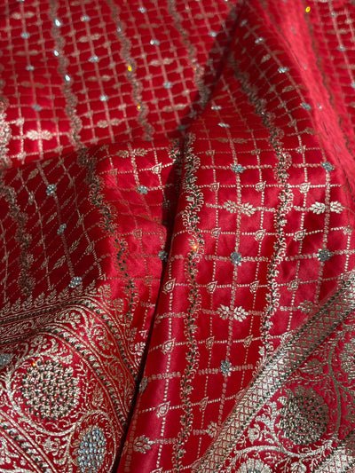 Red Banarasi Brocade With Swarovski Work Soft Katan Silk Saree - BSK44