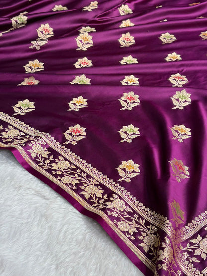 Premium Banarasi Satin Katan Saree With Minakari Boota in Wine Shades SK112