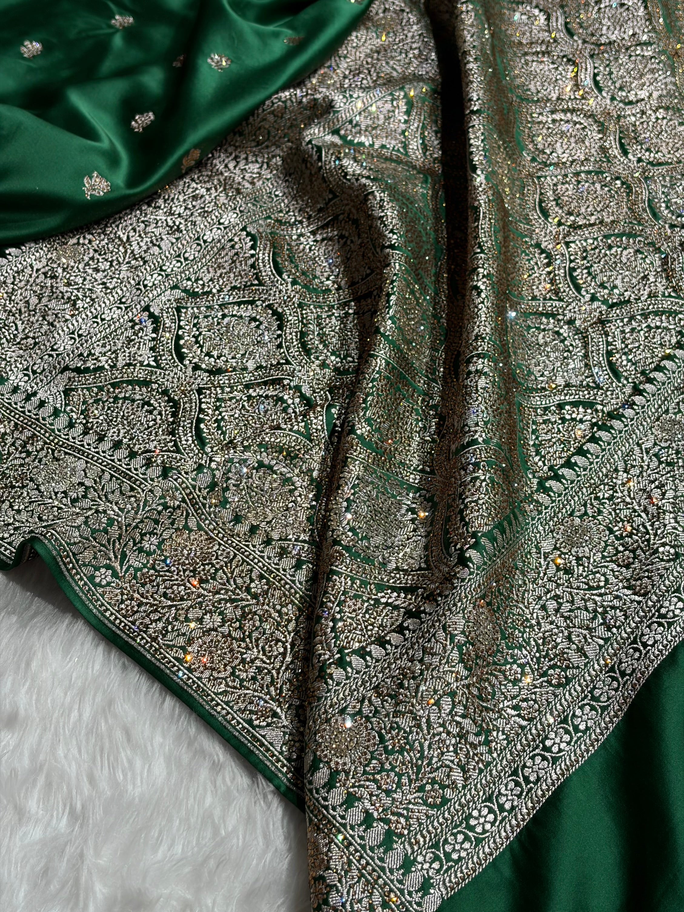 Bottle Green With Swarovski Work Booti Mashru Silk Saree BMS40