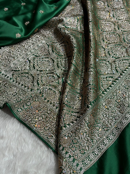 Bottle Green With Swarovski Work Booti Mashru Silk Saree BMS40