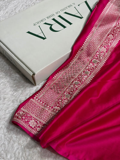 Premium Birdal Banarasi Satin Katan Saree With Swarovski Ari & Zardozi Work Minakari Boota in Rani Shades BSK93
