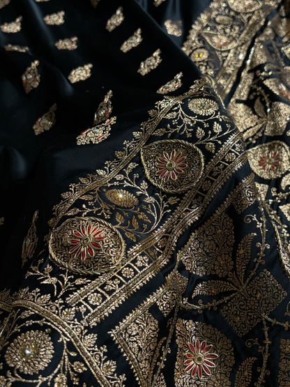 Banarasi Satin Katan Saree With Aari Zardozi Work Boota in Black Shades BSK98