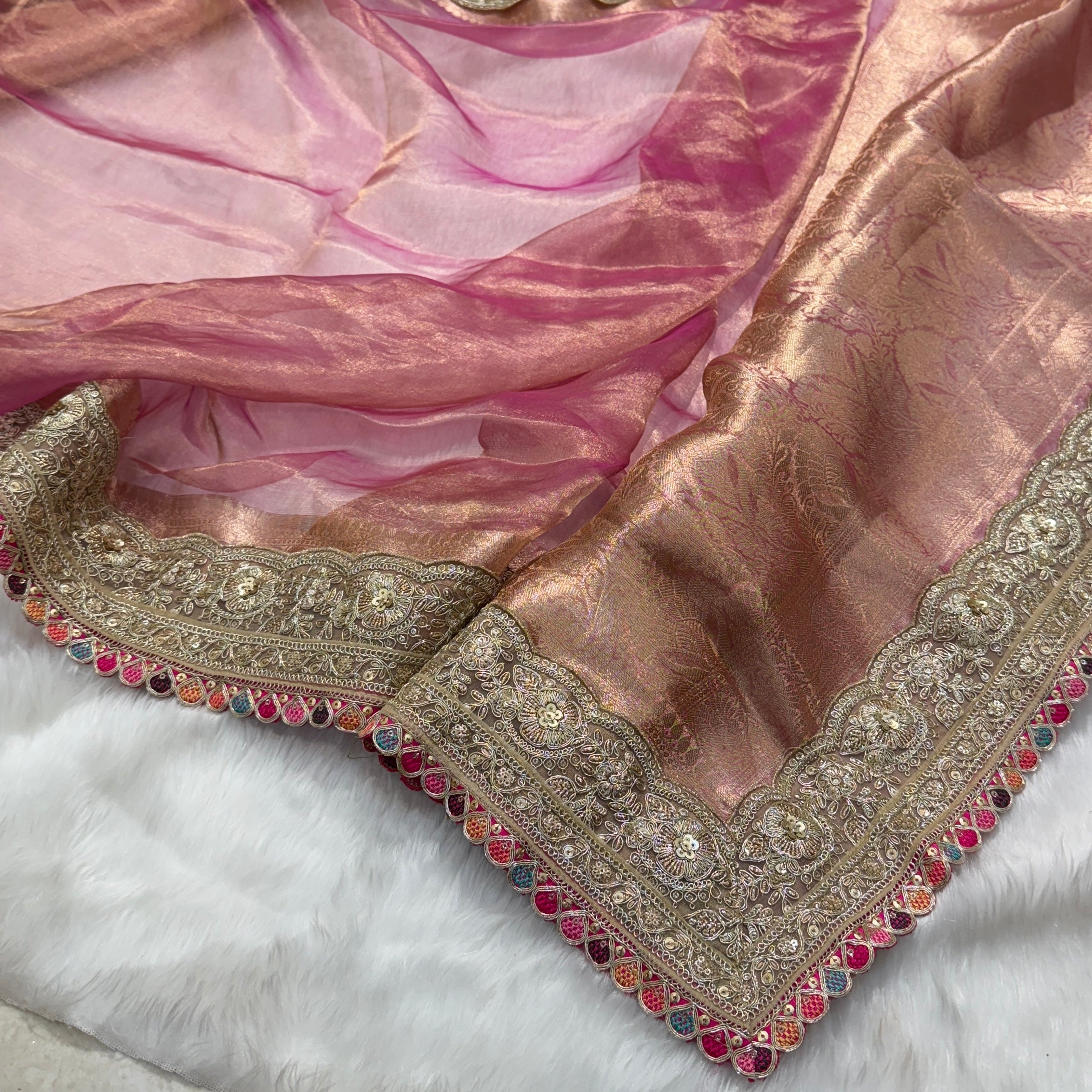 Light Baby Pink Pure Tissue Silk Saree with Gotta Patti PTGP1