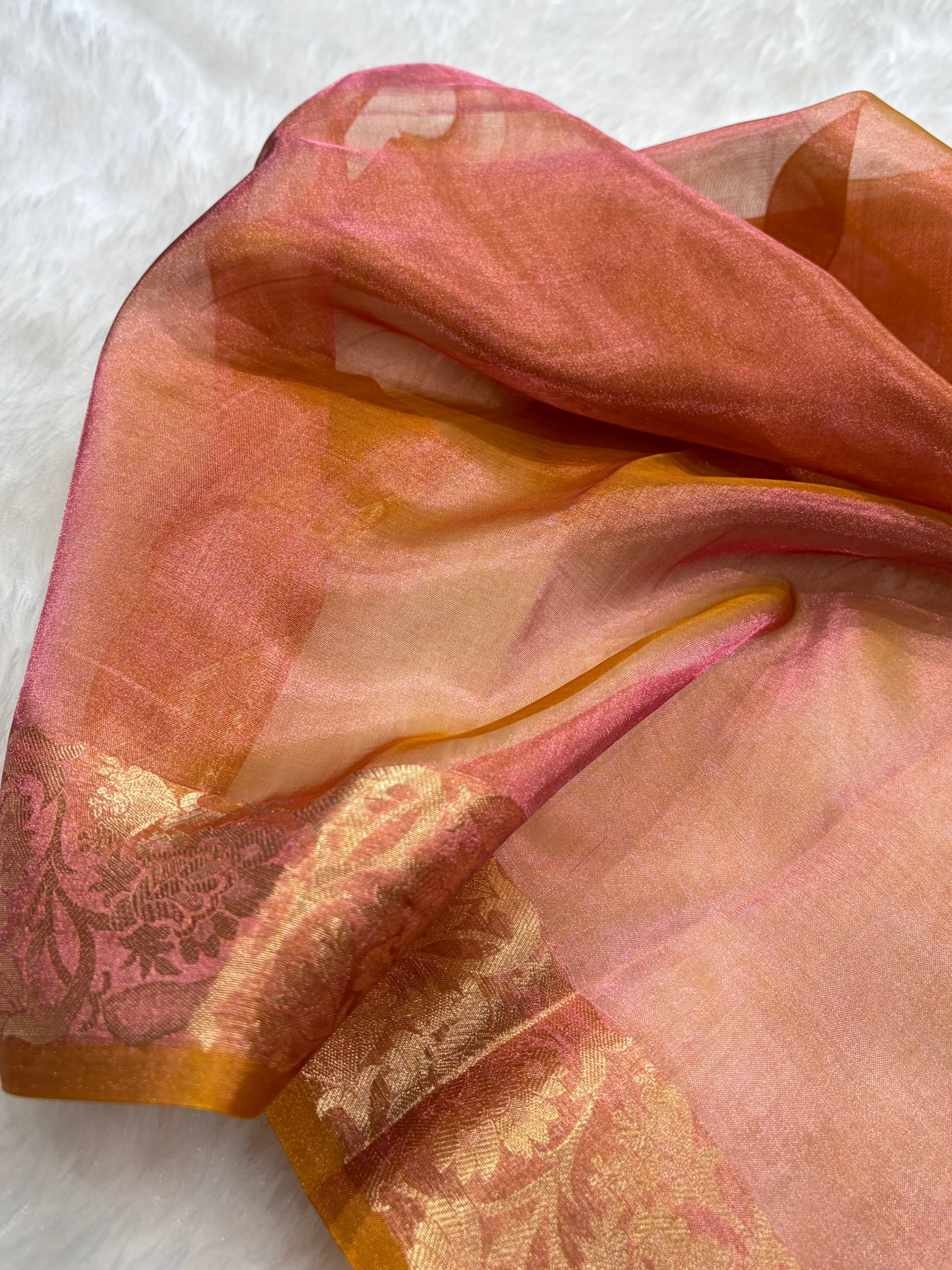 Cross Orange Bananasi Floral Shades Pure Tissue Silk Saree PT-42