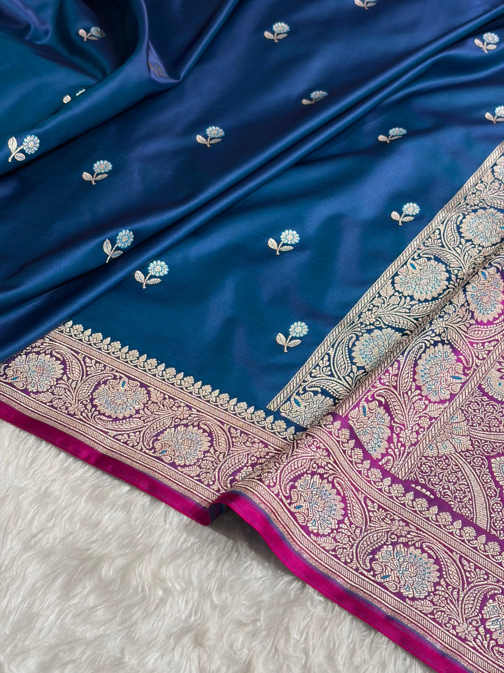 German Blue / Rani Shades Banarasi Booti Pattern Mashru Silk Saree MSM-137