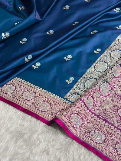 German Blue / Rani Shades Banarasi Booti Pattern Mashru Silk Saree MSM-137