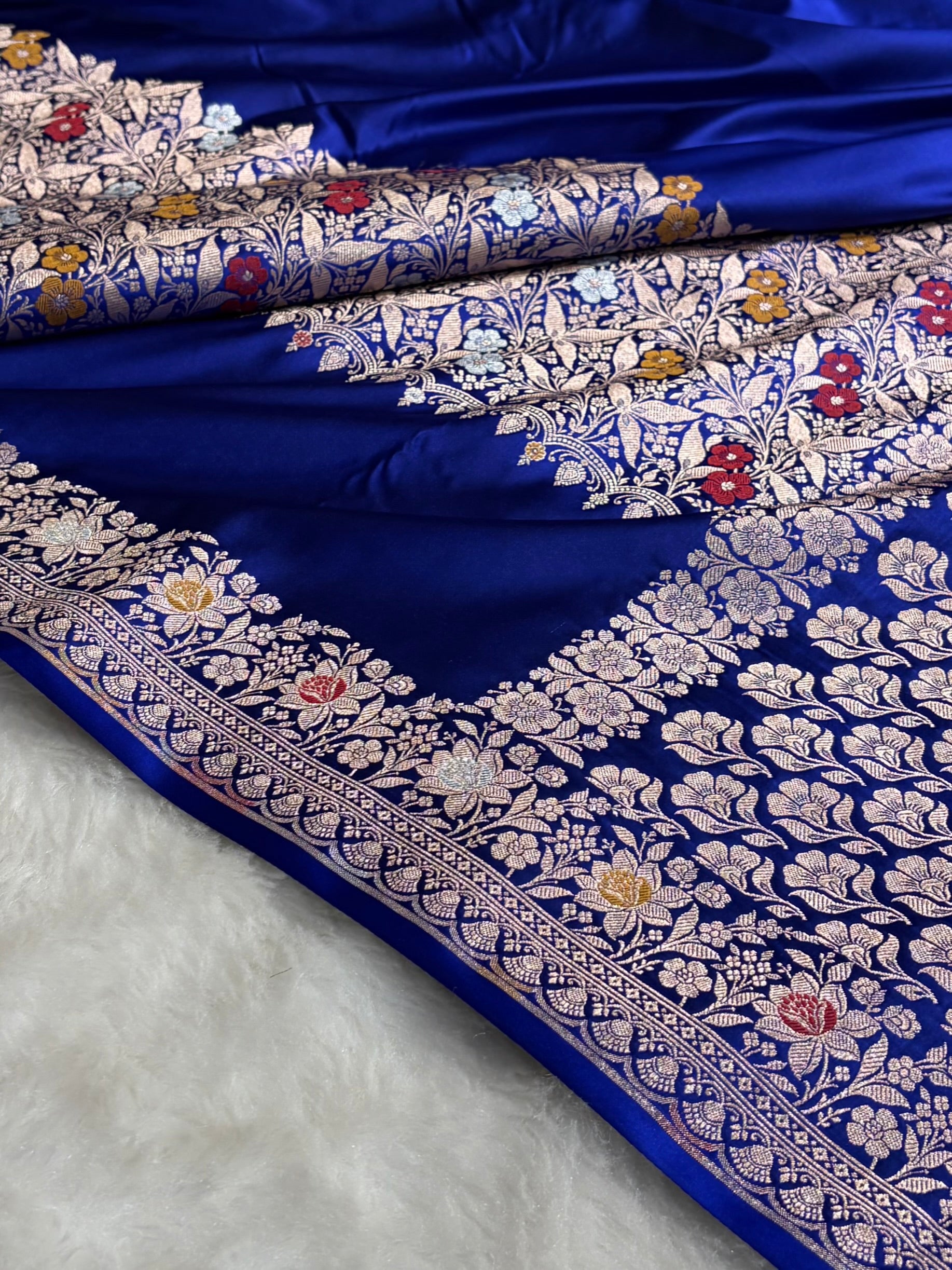 Royal Blue Shades Banarasi Minakari Boota Skirt Pattern Floral Mashru Silk Saree MSM-116