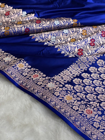 Royal Blue Shades Banarasi Minakari Boota Skirt Pattern Floral Mashru Silk Saree MSM-116