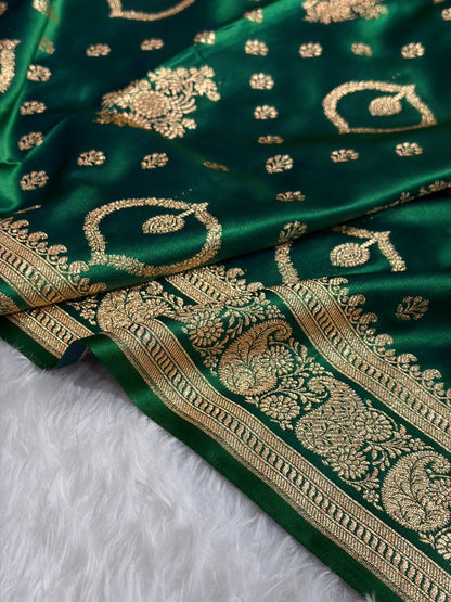 Banarasi Satin Katan Saree With Unique Boota in Cross Green Shades SK92