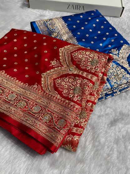Banarasi Blue Katan Silk Saree With Ari Zardozi and Swarovski stone work BSK01