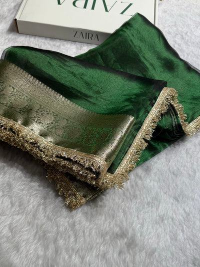 Bottle Green Shades Pure Tissue Silk Saree with Gotta Patti Brocade Blouse PTGP-08