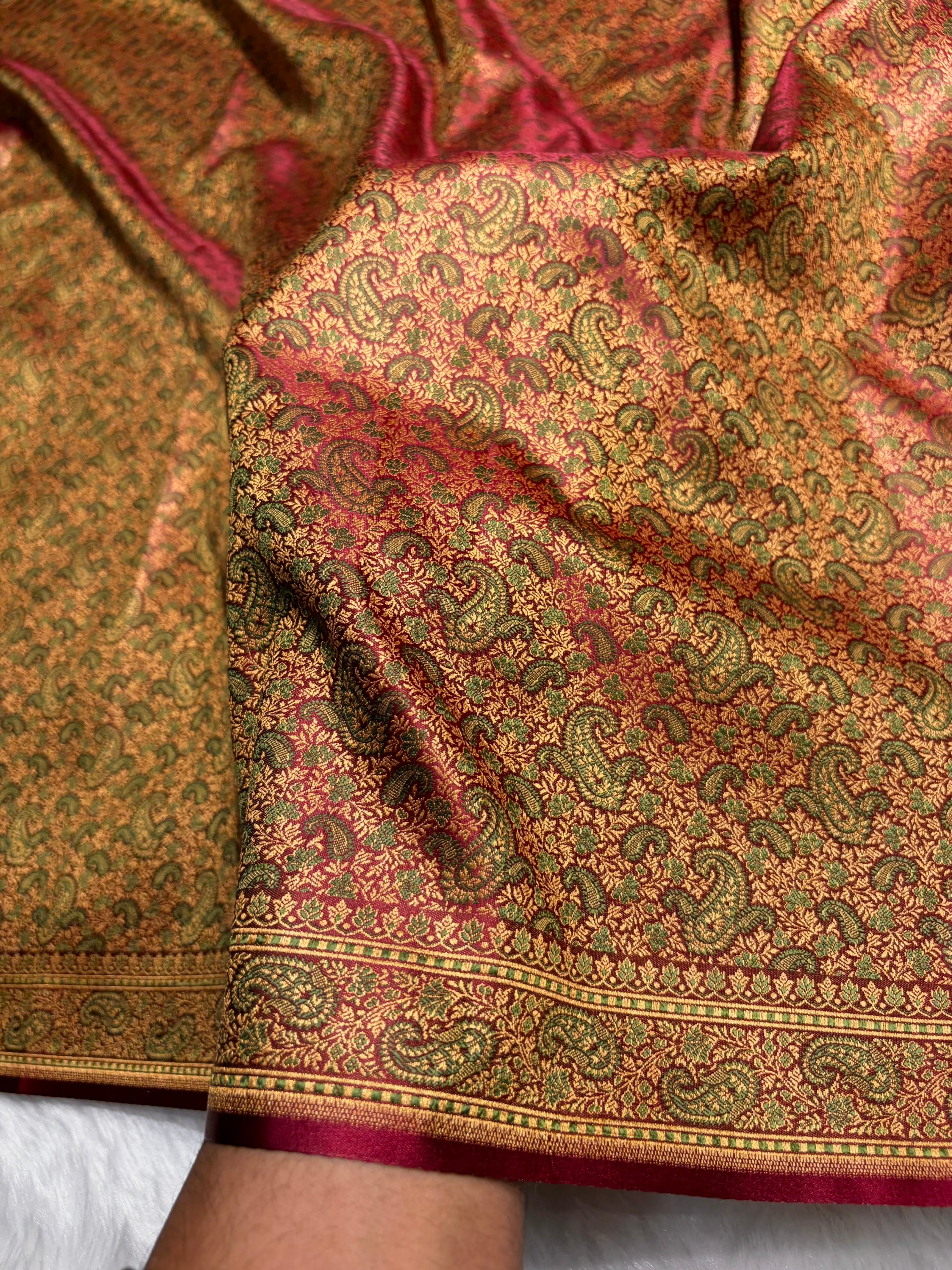 Greenish Maroon Jamawar Tanchoi Katan Silk Saree SKTM-11