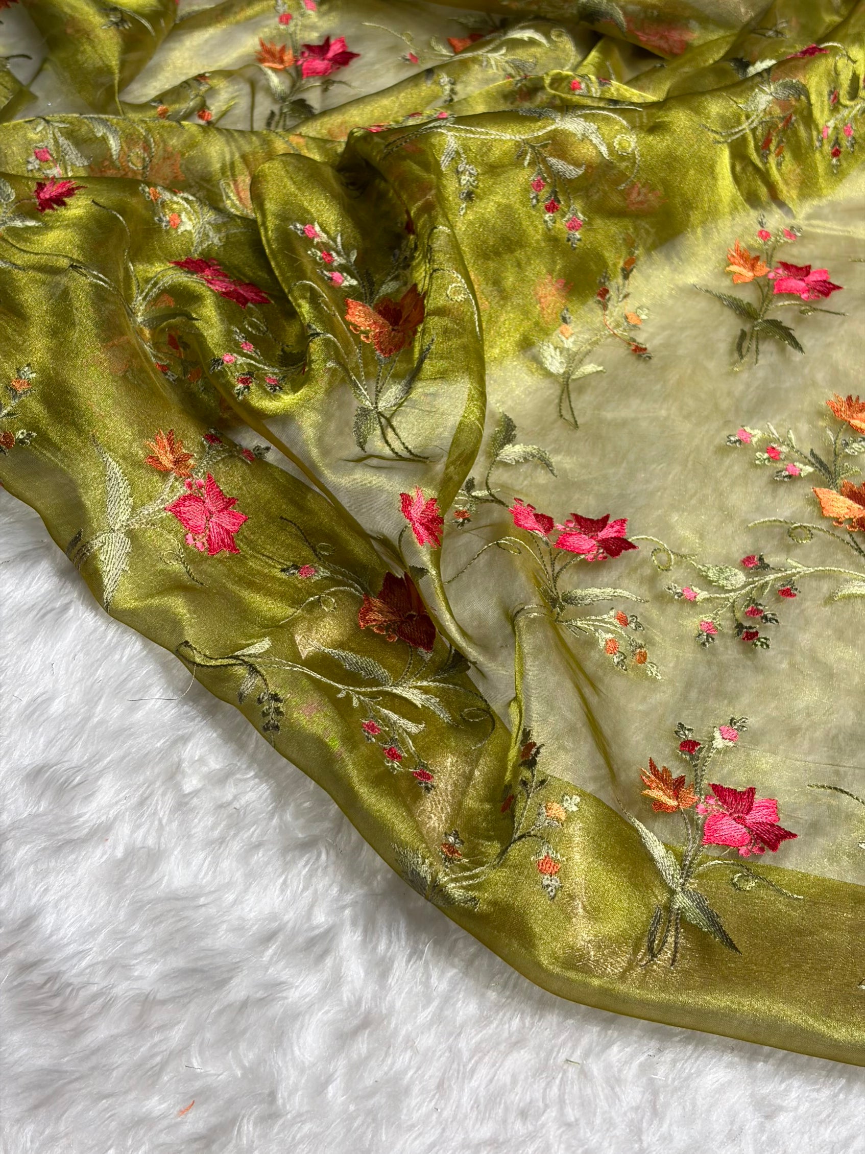 Light Green Shades With Floral Embroidered Pure Tissue Silk Saree with Brocade Blouse PTE-09