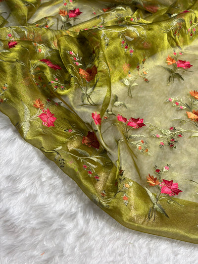 Light Green Shades With Floral Embroidered Pure Tissue Silk Saree with Brocade Blouse PTE-09