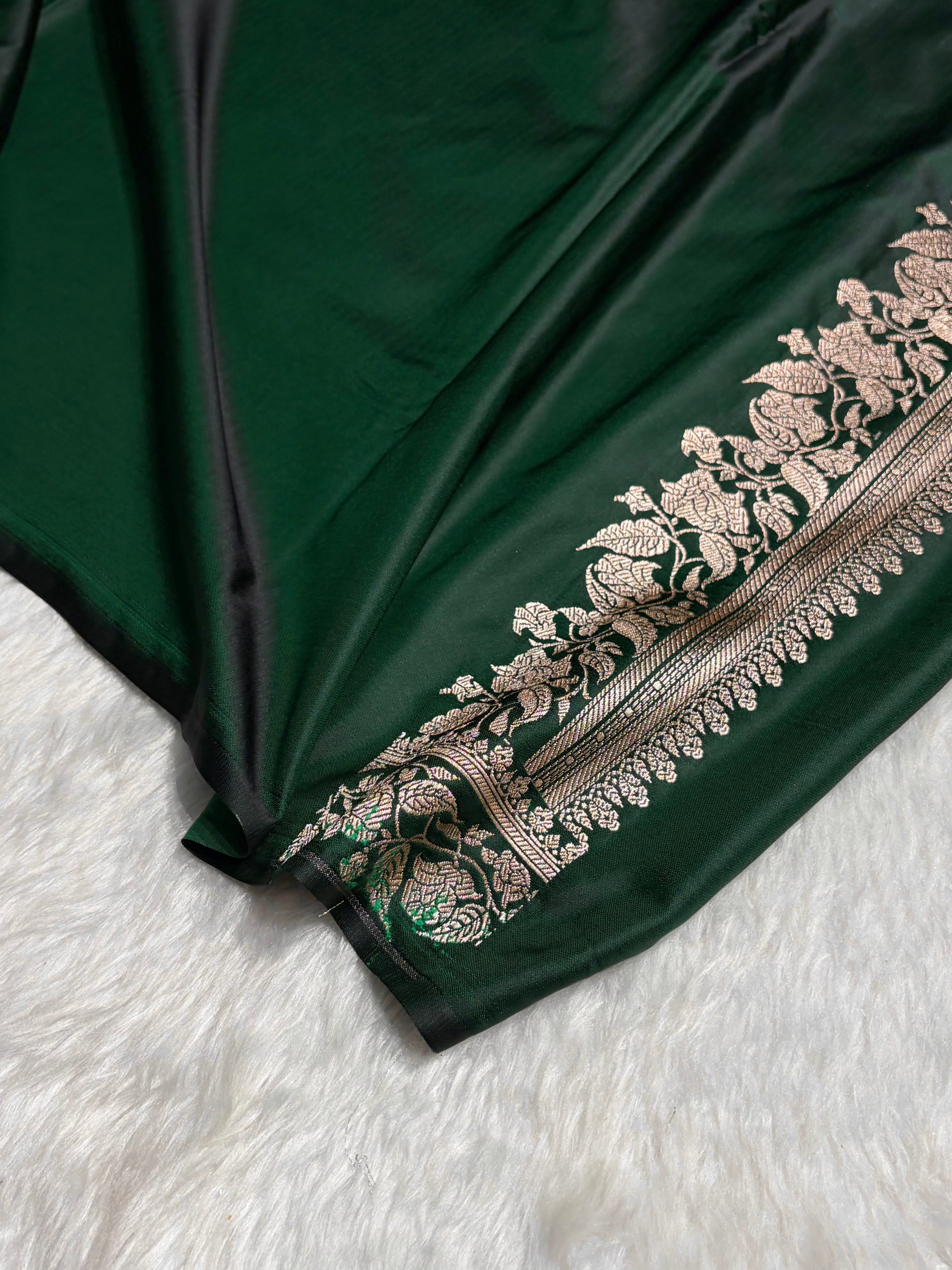 Dark Bottle Green Boota With Floral Border Mashru Silk Saree MSM-92