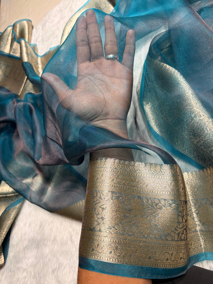 Firozi Shades Pure Tissue Silk Saree with Brocade Blouse PT-08