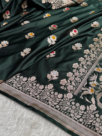 Premium Banarasi Satin Katan Saree With Minakari Boota in Dark Bottle Green Shades SK94