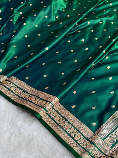 Banarasi Satin Katan Saree With Booti Pattern in Cross Green Shades SK125