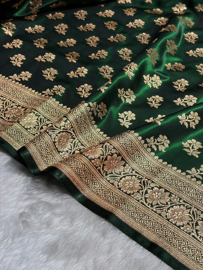 Bottle Green Shades Banarasi Satin Silk Saree SS34