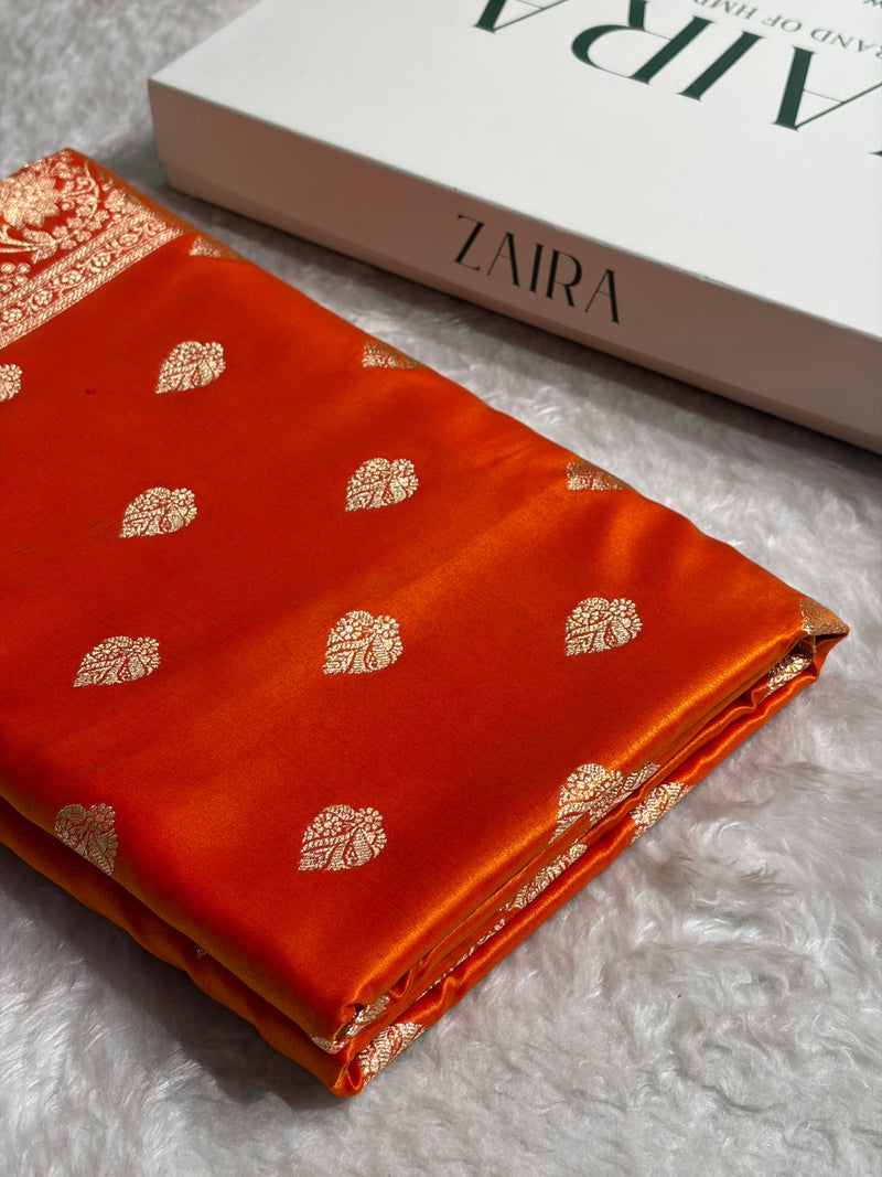 Fire Gold Shades Booti Pattern Banarasi Satin Silk Saree SS58